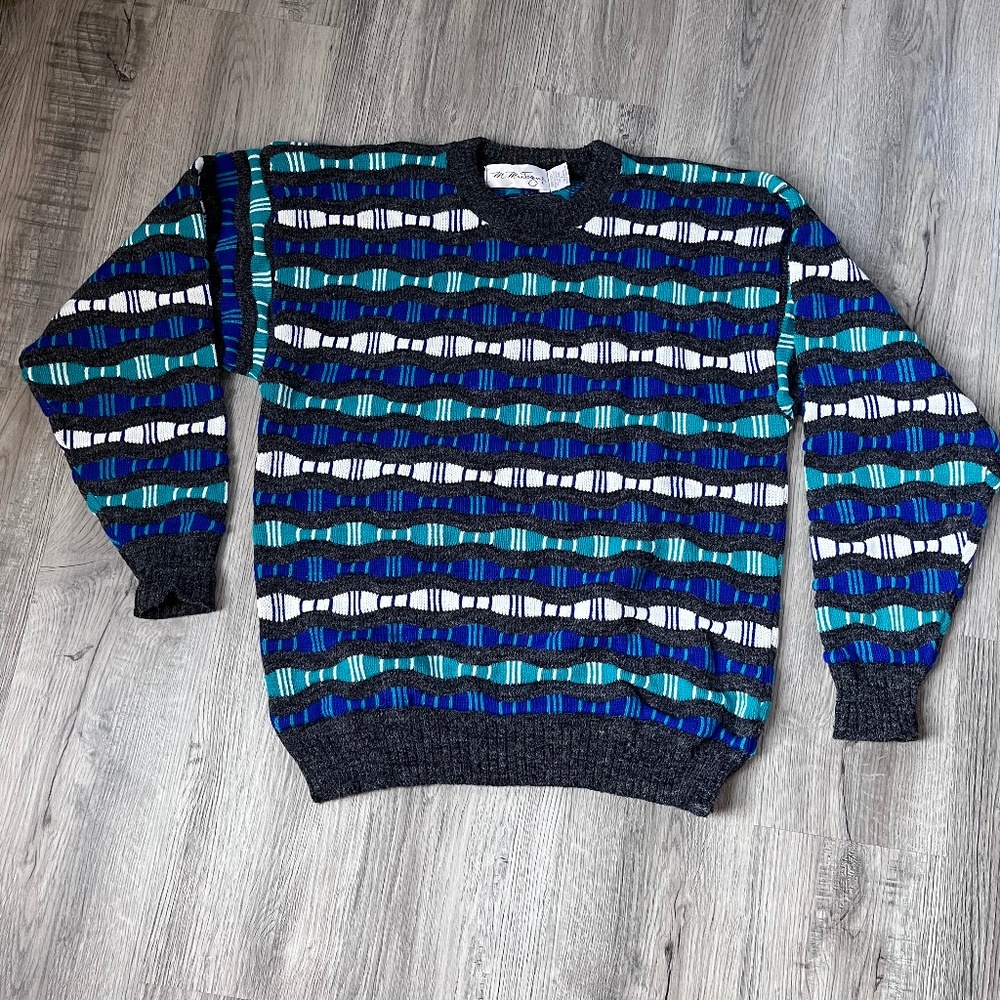 M Mantogne Soft Spun Stripe Grandpa Coogi Vibe Crew Neck Pullover Sweater L USA
